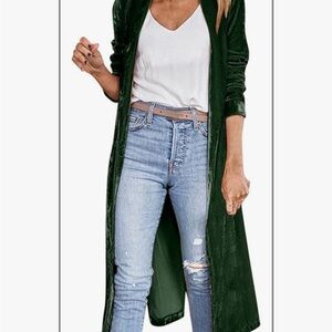 Long Open-Front Velvet Duster Coat in Forest Green